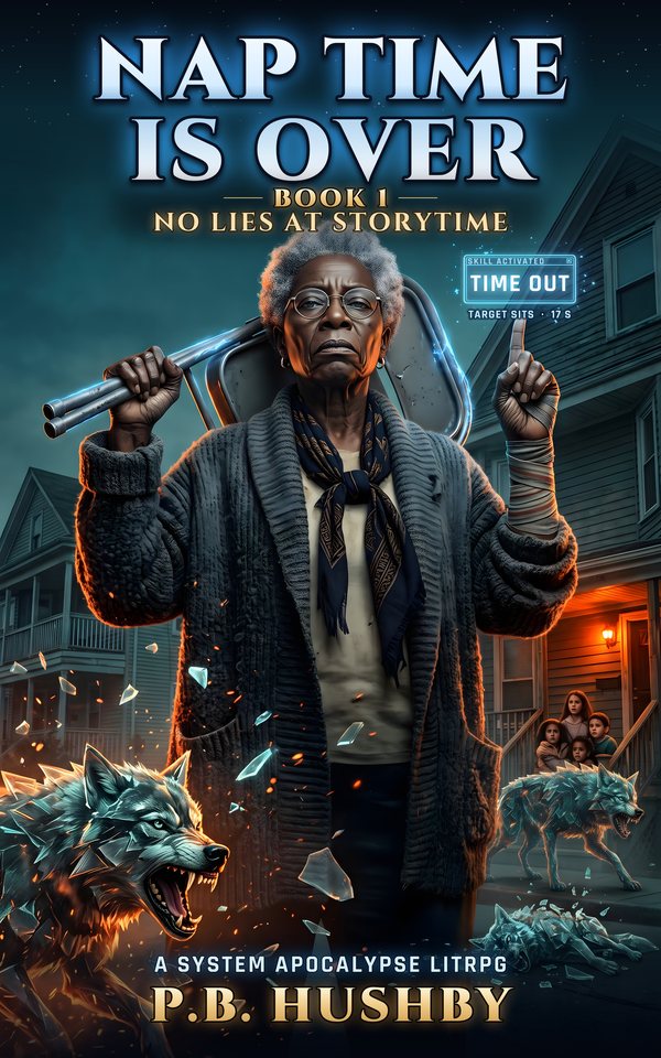 Nap Time Is Over, Book 1: No Lies at Storytime, by P.B. Hushby. Cover: an older Black woman in a cardigan holds a folding chair over her shoulder while glass wolves snarl around her.